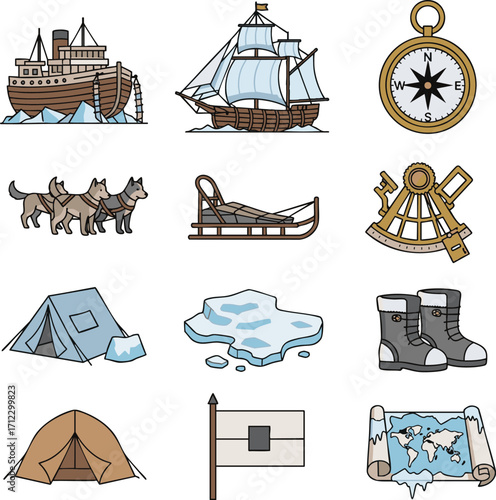 Arctic exploration elements displayed as vintage symbols representing adventure, discovery, and the harsh beauty of the polar regions.