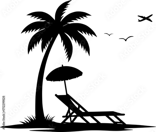 Palm tree beach chair summer vacation travel silhouette vector illustration