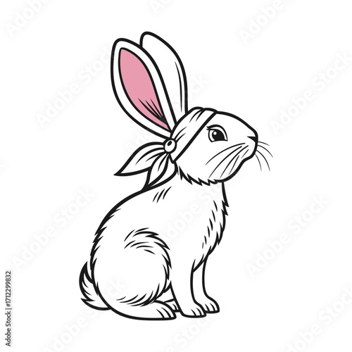 White rabbit with pink inner ears wearing a bandana tied with a bow bunny animal