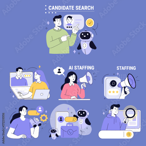 Hiring set. Characters use artificial intelligence technology for business recruitment process, job searching, interview, writing cv. Human recourses concept. Vector illustration.