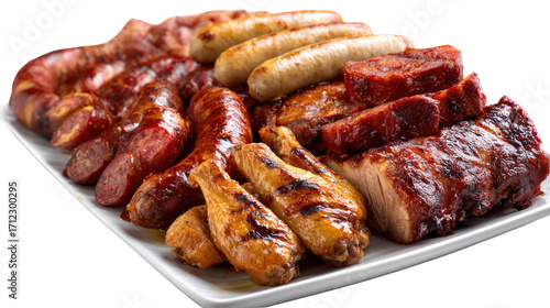 Assortment of grilled meats and chicken legs isolated on transparent background