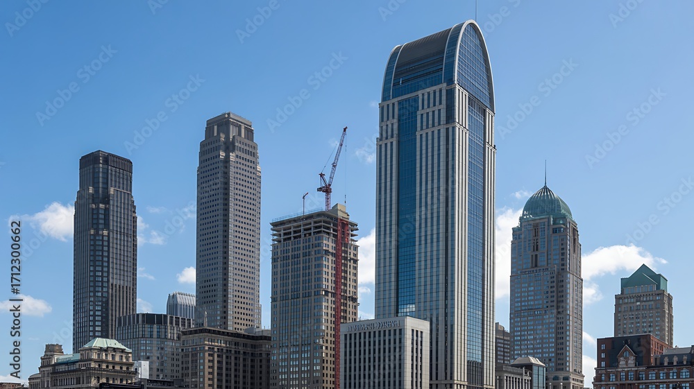 Fototapeta premium Skyline view of modern skyscrapers against a clear blue sky capturing urban architecture and impressive cityscape designs