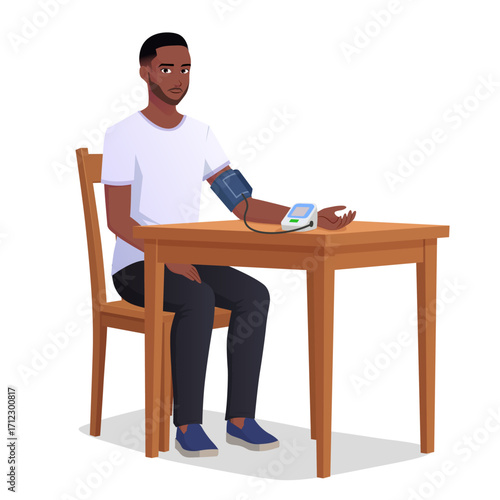 Black Man Measuring His Blood Pressure at Home with an Automatic Blood Pressure Monitoring Device Vector illustration