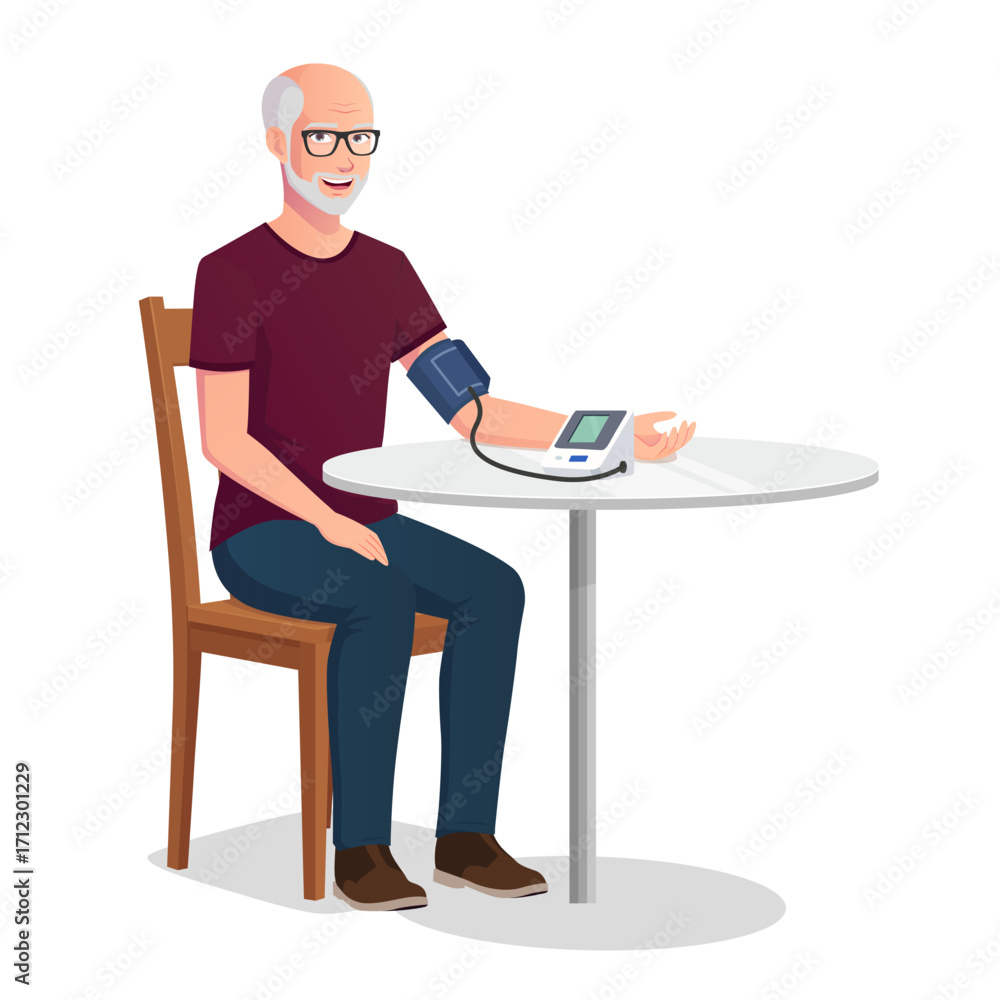 Φωτογραφία Senior Man Sitting and Checking Blood Pressure with Digital Monitor at Home Vect