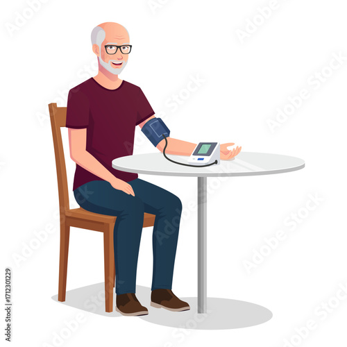 Senior Man Sitting and Checking Blood Pressure with Digital Monitor at Home Vector Illustration
