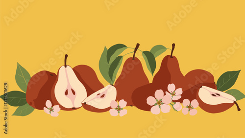 Rustic Red Pears and Blossoms: Autumnal Fruit Illustration