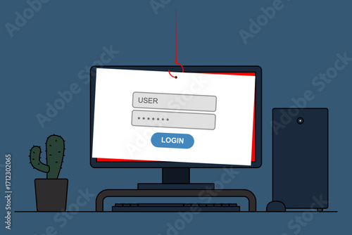 Computer login screen with a red fishing hook dangling over it. Represents a phishing attack, a cybercrime where attackers try to steal sensitive user credentials.