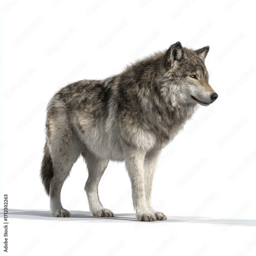 Obraz premium Realistic gray wolf standing on white background with soft shadows