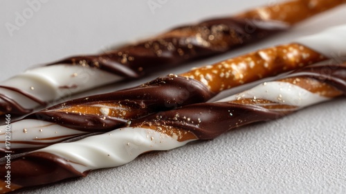 Three chocolate-covered pretzels on a white surface. the pretzes are arranged in a row, with the largest pretzel in the center and two smaller pretzes on either side.