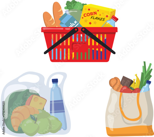 Grocery Shopping Baskets and Bags of Food