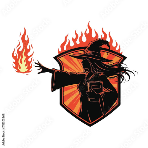Silhouette of a witch conjuring fire, holding a book, within a shield design.