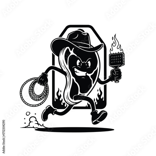 Cartoon steak character wearing a cowboy hat, running with a lasso and a flaming grill brush.