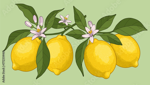 Ripe Lemons on Branch with Blossoms - Botanical Illustration