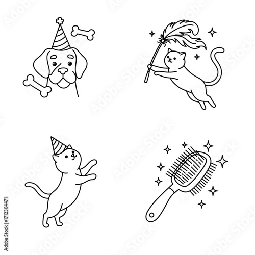 Minimalist line art illustrations of a festive dog and playful cats in party hats, with a feather toy and grooming brush, ideal for pet designs.