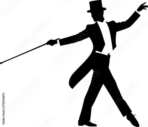 Dancer performing in suit and top hat silhouette vector illustration