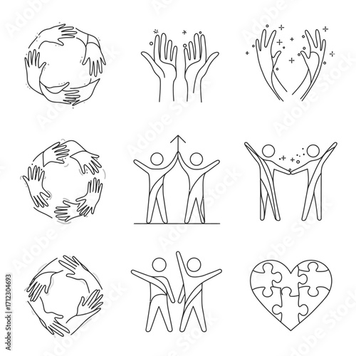 This elegant collection of minimalist line art icons beautifully illustrates concepts of unity, teamwork, community, and support for diverse design projects.