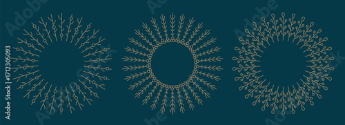 Thin line folk Christmas wreath. Holiday scandinavian winter season frame, decoration with fir branch, berry