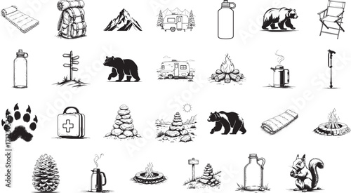 Camping and Outdoor Adventure Icons Collection: A curated collection of meticulously crafted black-and-white icons representing essential elements of camping, outdoor exploration.