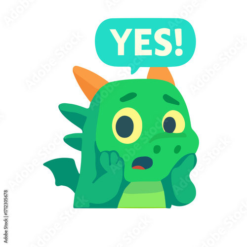 Cute dragon cartoon surprised with yes text. Adorable green dragon mascot shocked expression. Funny dragon character emotional illustration.