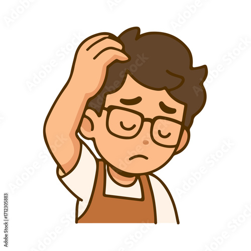 Confused man cartoon scratching head illustration. Worried character with glasses apron expression. Sad man mascot emotional flat design.