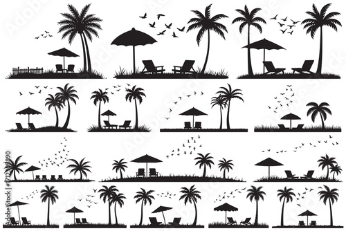 Collection of black tropical beach silhouettes with palm trees