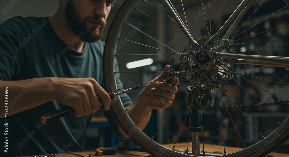 Fototapeta premium Man repairing bicycle wheel with screwdriver in workshop using tools and spare parts for bike maintenance and assembly close-up attention to detail and mechanical work skills