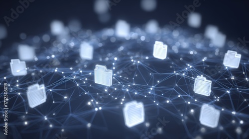Abstract network grid with files and folders, futuristic software interface, digital document management system, store, search and organize documents, corporate business, paperless office	
