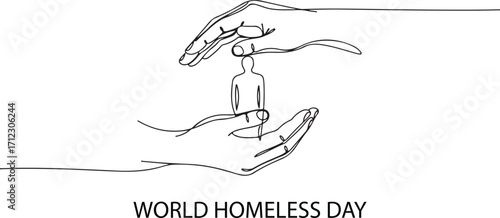 A minimalist line drawing depicts two hands cradling a small, vulnerable human figure, symbolizing protection and support for the homeless.