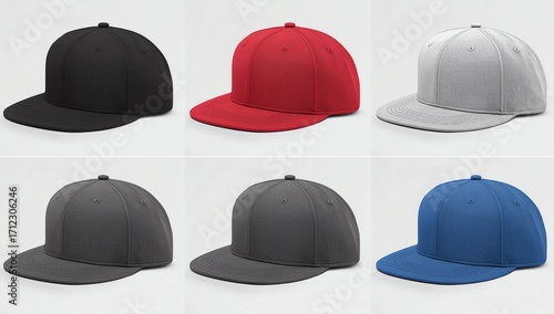 Blank flat snap back hat 6 set on white background 