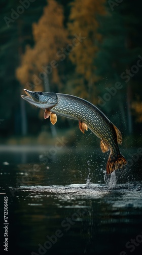 A large northern pike leaps dramatically from a calm forest lake, creating a splash with autumn trees in the background.