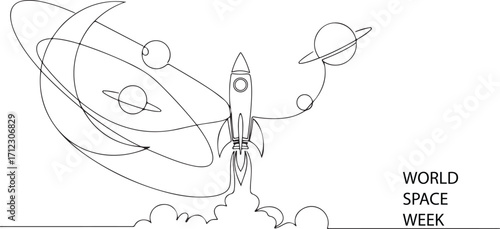 Line art illustration of a large satellite dish with the words 'World Space Week' on the right, symbolizing space exploration and communication.