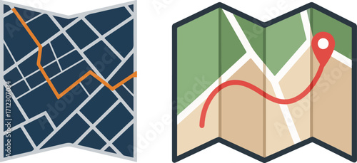 Two Illustrated Folded Maps with Marked Routes for Navigation and Travel
