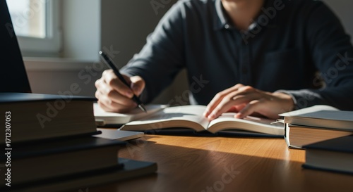 Person studying with multiple open books and notebooks on a wooden desk, taking notes with a pen in a well-lit room with a window in the background.