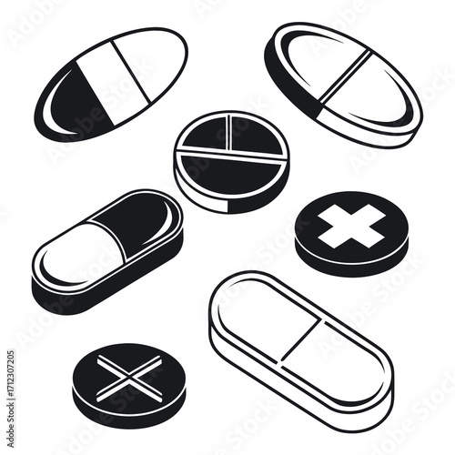 Stylized collection of pharmaceutical pill and capsule icons