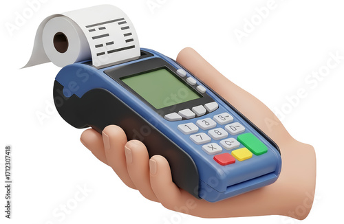 A hand holding a portable credit card payment terminal with a receipt printing out.
