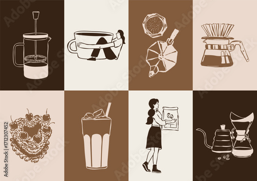Retro coffee and desserts doodles. Art for greeting cards, restaurant menu, postcards, brand identity, logo design, patterns.	