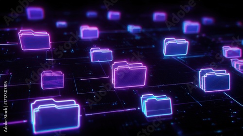 Abstract network grid with files and folders, futuristic software interface, digital document management system, store, search and organize documents, corporate business, paperless office	
