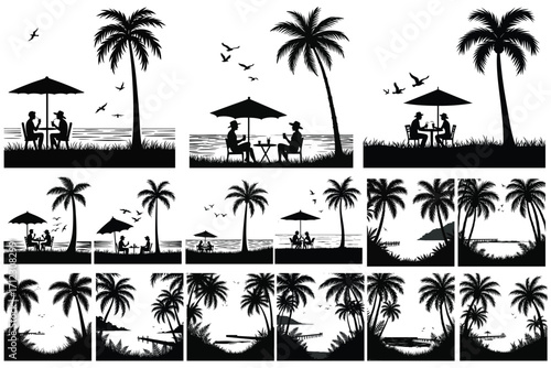 Tropical beach scenes with palm trees people and birds