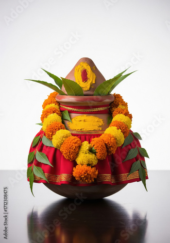 traditional clay pot with marigold flower on diwali festival