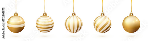 Shiny golden Christmas baubles. Realistic holiday decoration isolated vector illustration