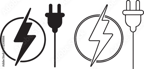 Electric Power Icons – Lightning Bolt and Plug Vector Symbols