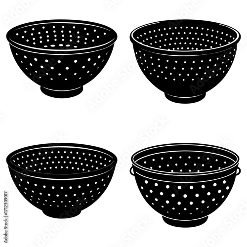 Four black and white colanders with round holes arranged in a grid pattern on a white background image art