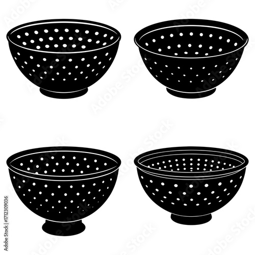 Four black and white colanders with round holes arranged on a white background in a symmetrical pattern