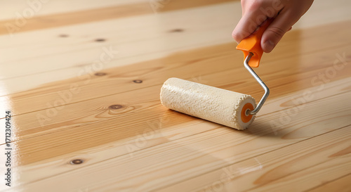 Applying a protective varnish layer to a new wooden plank floor with a paint roller for renovation