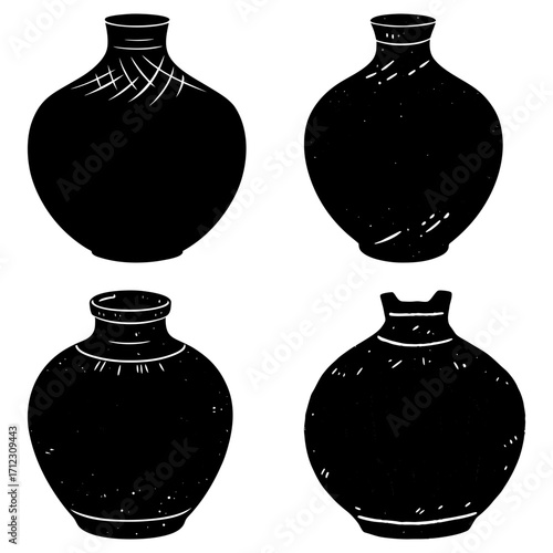Four black vases with different designs and shapes are arranged on a white background in a square grid