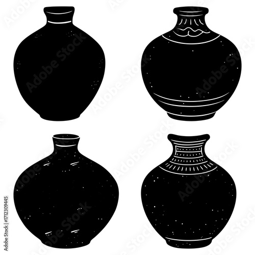 Four black vases with different shapes and designs arranged in a square on a white background design