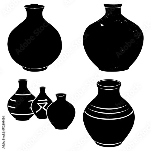 Silhouette illustration of various vases and pots with different shapes and designs in black and white drawing
