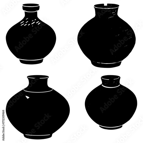 Four black and white illustrations of pottery vases with different shapes and neck designs on white background