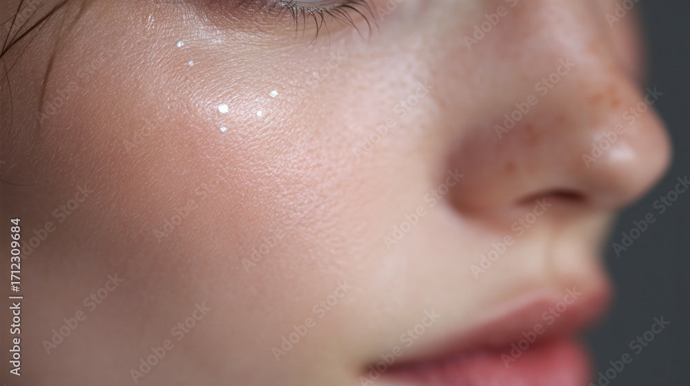 Fototapeta premium Close-up of a person's face. the person appears to be a young woman with fair skin. her eyes are closed and her eyelashes are slightly parted. she has a slight smile on her lips.