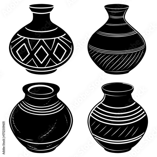 Four black and white vases with different patterns and shapes displayed in a simple graphic design style